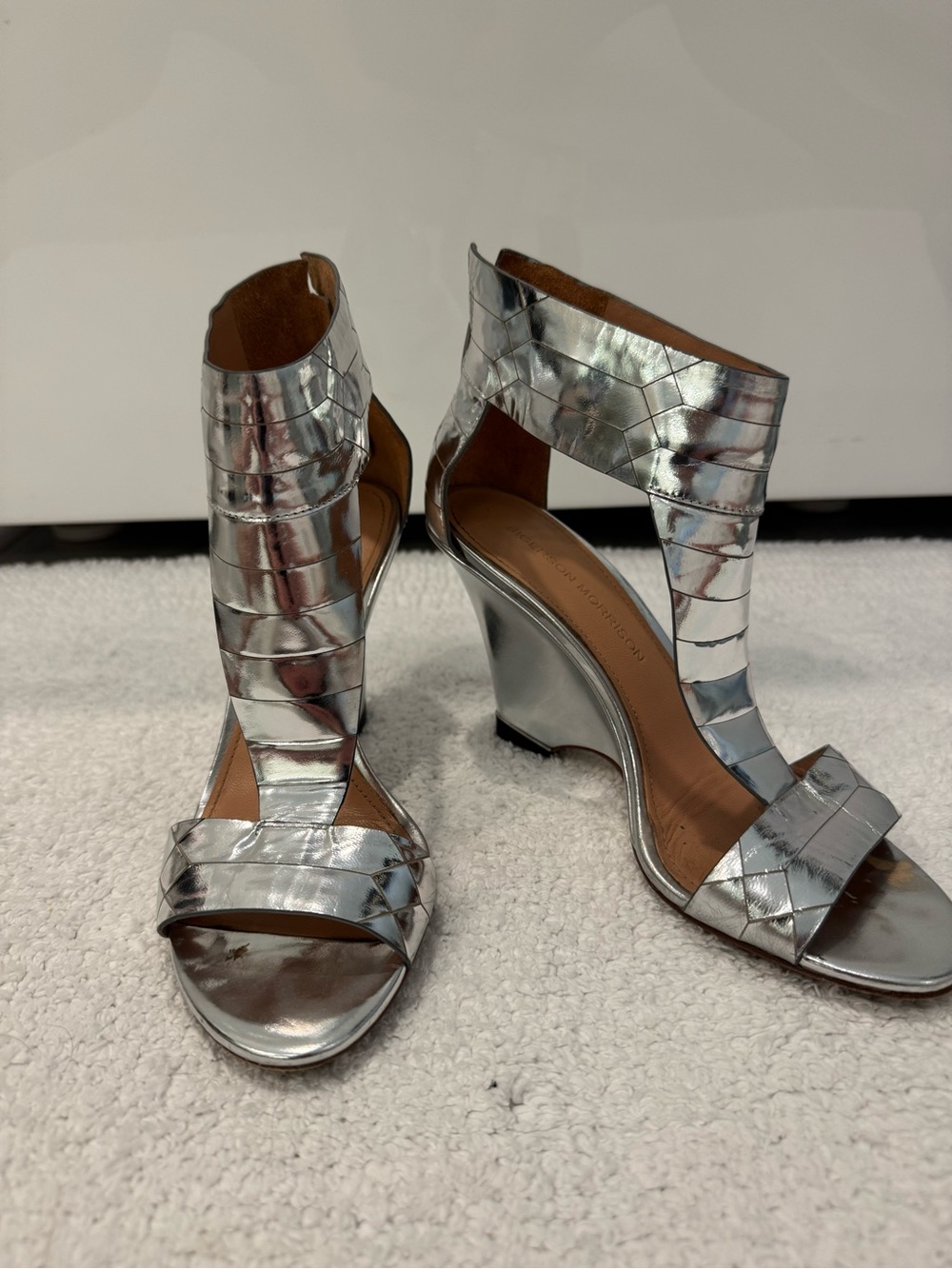 Sigerson Morrison Metallic Silver Strappy Wedge Sandals